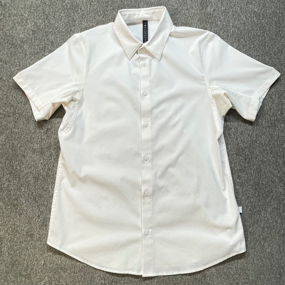 Lululemon Airing Easy Short Sleeve Shirt White Grid Button Down Stretch Mens M